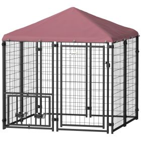 PawHut Welded Wire Outdoor Dog Kennel with 360Â° Rotating & 4 Levels Adjustable Bowls, Waterproof Cover, 4.6' x 4.6' x 5'